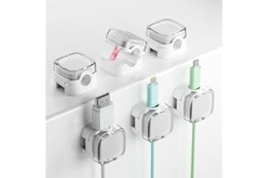 BRAMMH 6-Pack Magnetic Cord Holder, Cord Holder with Strong Magnetic Lid, Holds Cables Firmly, 7 mm Charger Holder & HDMI Cord Organizer Clips, Strong Adhesive Pad (White)