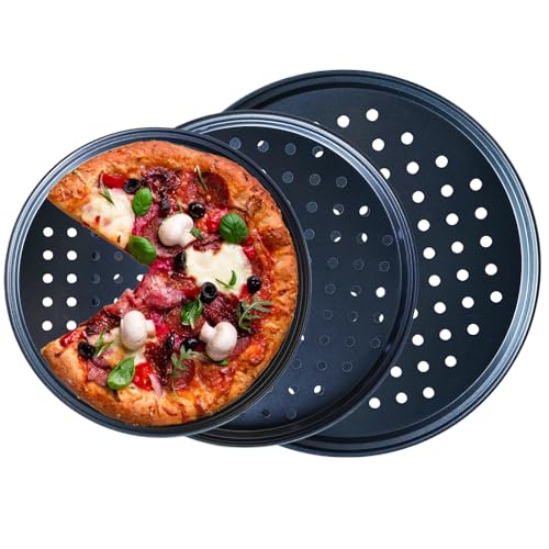 GoooodMore 3-Piece Pizza Baking Pans Set, 10-12 Inch Round Trays with Holes, Steel, Nonstick, Oven Accessories