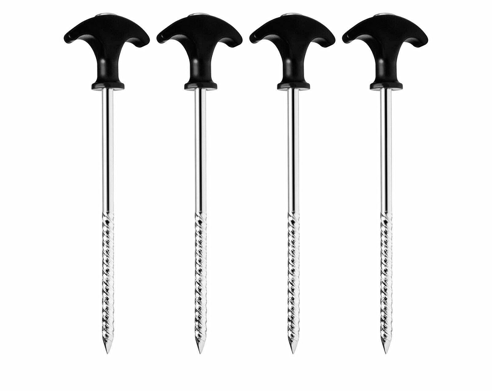 ADEPTNA Heavy Duty 4PK Spiral Thread Steel Tent Pegs Screw Hooks 20cm Ground Stakes Storm-Proof and Rust Proof – Ideal for Normal and Hard Ground