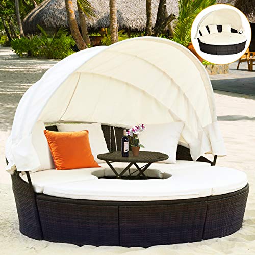 Tangkula Patio Round Daybed with Retractable Canopy, Outdoor Wicker