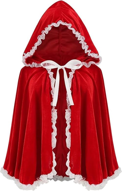 AGCOAH Little Red Riding Hood Cape Velvet Cloak for Halloween Christmas Cosplay Party Red White Lace (S-24INCH)