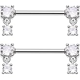 Pierced Owl 14GA Stainless Steel Prong Set CZ Crystal Ends with Dangling Gems Nipple Barbells, Sold as a Pair