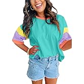 Chvity Womens Colorblock T-Shirt Crewneck Short Sleeve Pullover Spring Summer Casual Patchwork Tops Tees