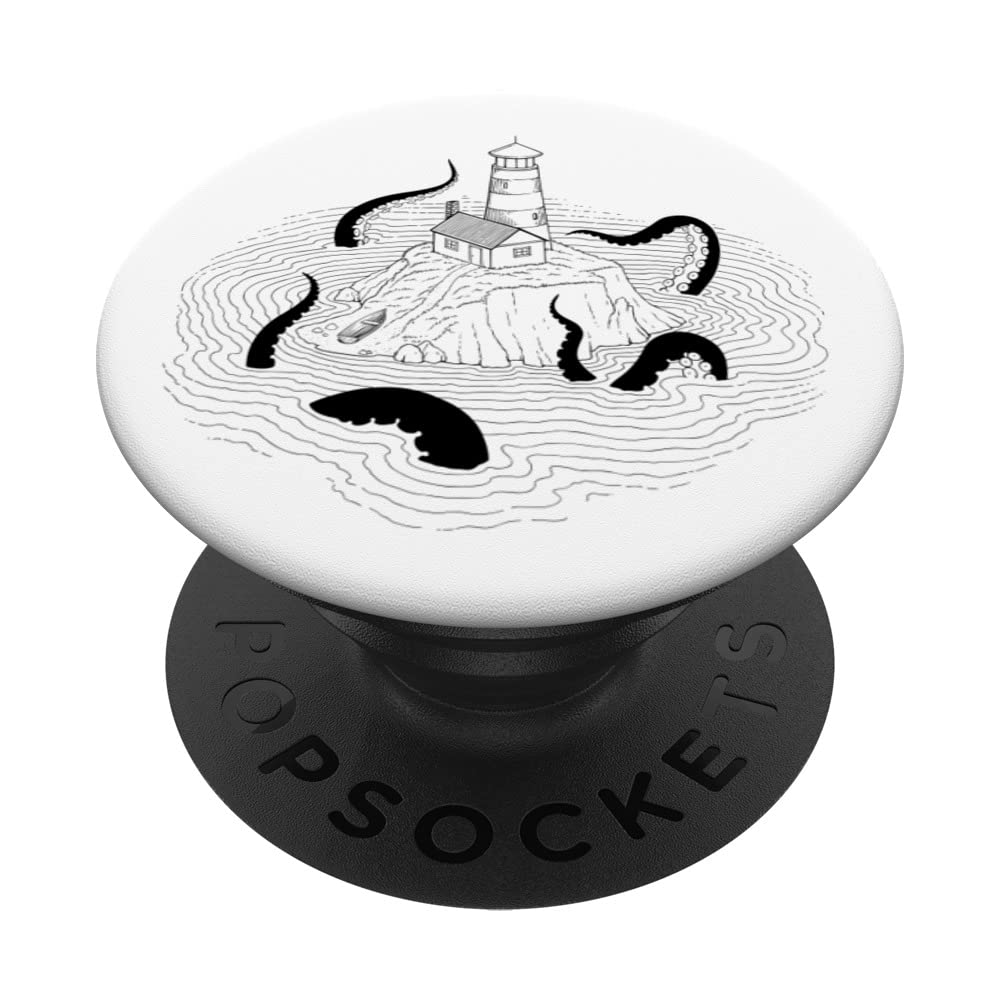 Island Lighthouse Kraken Monster in the sea ocean Line Art PopSockets Swappable PopGrip