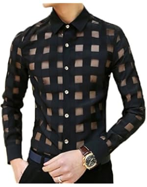 Men's Long Sleeve Plaid See Through Casual Shirt