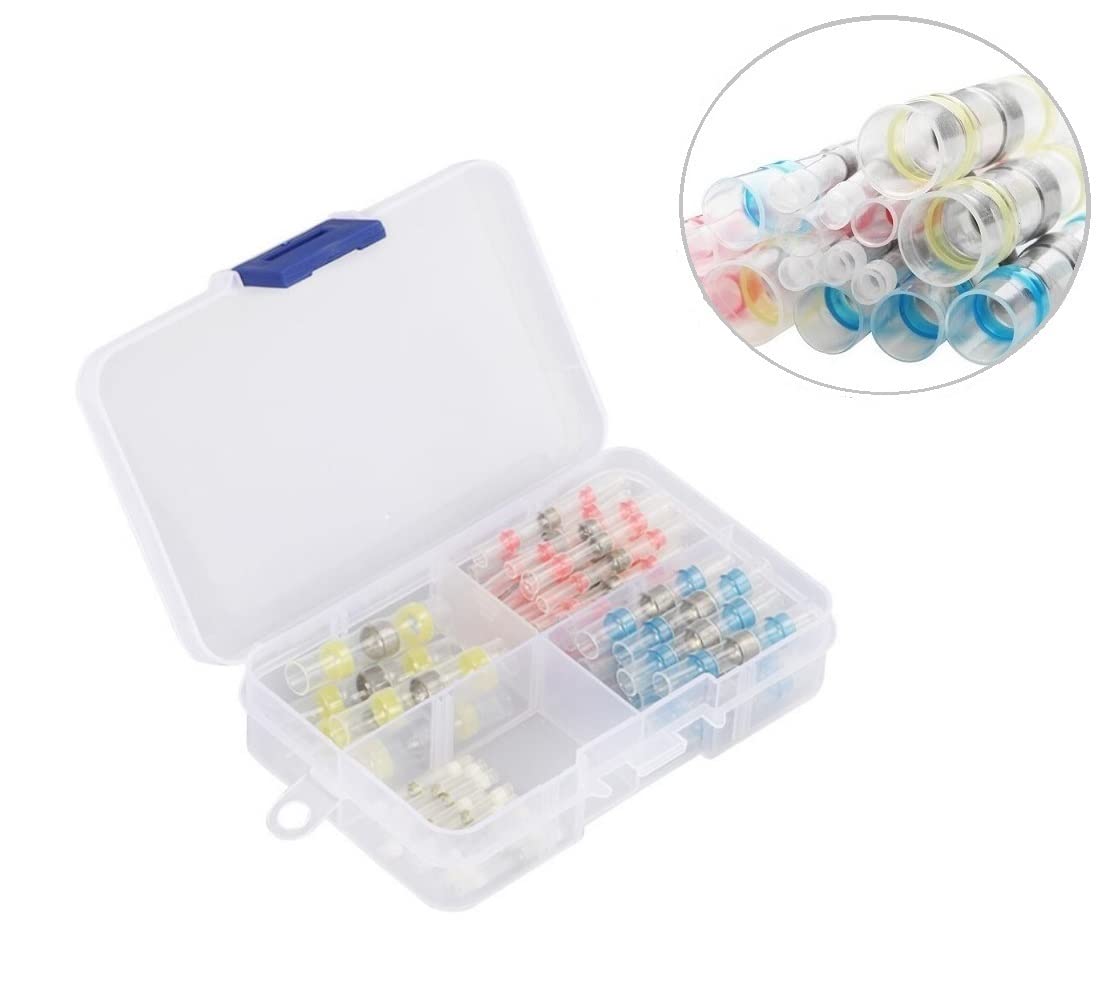 SHENTIAN 50pcs Solder Seal Wire Connector, Heat Shrink Butt Terminals,Electrical Insulated Waterproof Marine and Automotive applications Connectors(20Red,15Blue, 10White,5Yellow)