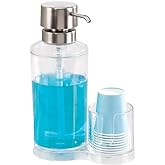 iDesign Mouthwash Dispenser Pump with Attached Paper Cup Holder Caddy, The Clarity Collection – 6.25” x 3.5” x 9.25”, Clear