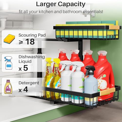Under Sink Organizer, Height Adjustable kitchen organizers and Storage, Space Saver 2 Tier Pull Out Drawer Cabinet Shelf Storage Rack for Kitchen Bathroom organizer, 1 Pack