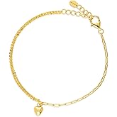 BERRICLE Sterling Silver Heart Paperclip Charm Bracelet for Women 6.5 inch, Yellow Gold Flashed/Rhodium Plated
