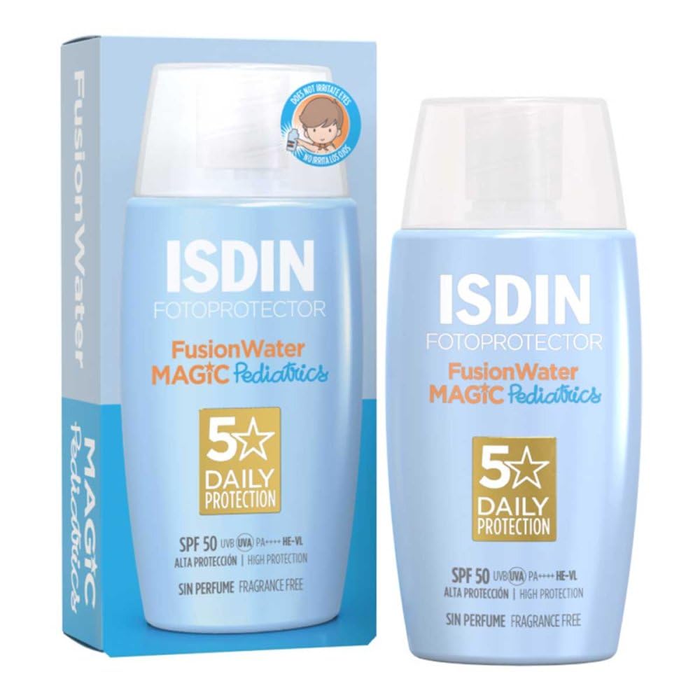 ISDIN Fusion Water MAGIC Pediatrics SPF 50 - Facial Sun Cream for Kids & Babies - Does Not Sting Eyes - Ultralight, For Atopic Skin & 6 Months+, 50ml