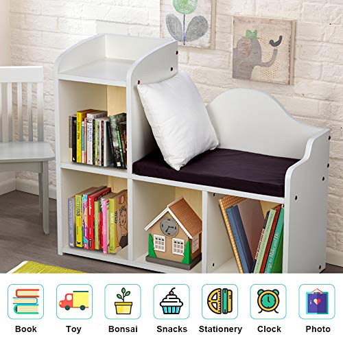 NA Bookshelf for Kids with Cushion Reading Nook, White Bookcase for