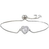 14K White Gold Plated Heart Bracelet for Women Elegant Zircon Inlay Heart Charm Box Chain Bracelet Adjustable Length Minimalist Jewelry