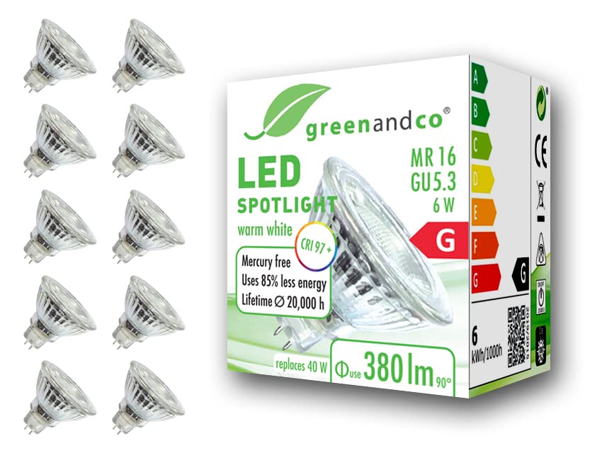 greenandco® CRI 97+ 2700K 36° LED spot Replaces 40 Watt GU5.3 MR16 Halogen Spotlight, 6W 380 Lumen Warm White 12V AC/DC, not dimmable, 10-Pack