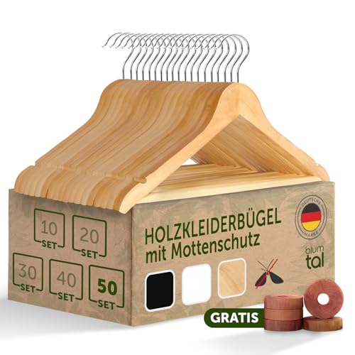 Blumtal Kleiderbügel Holz 50er Set - Holzbügel mit 360° drehbarem Metallhaken - Bügel aus robustem Holz mit Zedernholz Mottenschutz - Holz Kleiderbüge