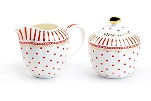 Gracie China Shop Grace Teaware Stripes and Dots Fine Porcelain Sugar & Creamer Set (Red), Regular