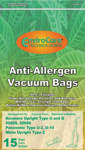 EnviroCare Replacement Anti-Allergen Vacuum Bags for Kenmore 50688 and 50690 Type U, L, and O, Panasonic Type U-2, U-10 Uprights 15 Pack