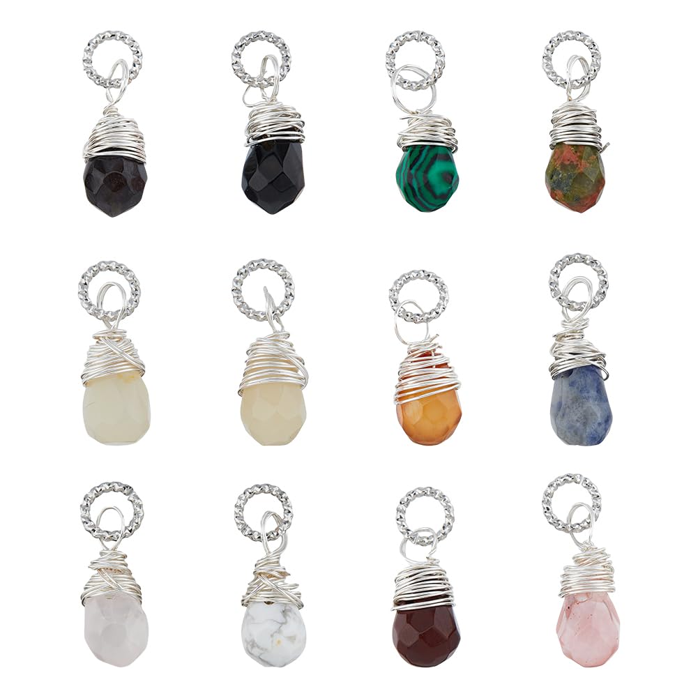 SUPERFINDINGS 12Pcs 12 Colors Teardrop Natural Gemstone Pendants Mixed Stone Dangle Charms Copper Wire Wrapped Charm with Large Hole Jump Ring for Earring Necklace Bracelet Jewelry Making Hole 3.5mm