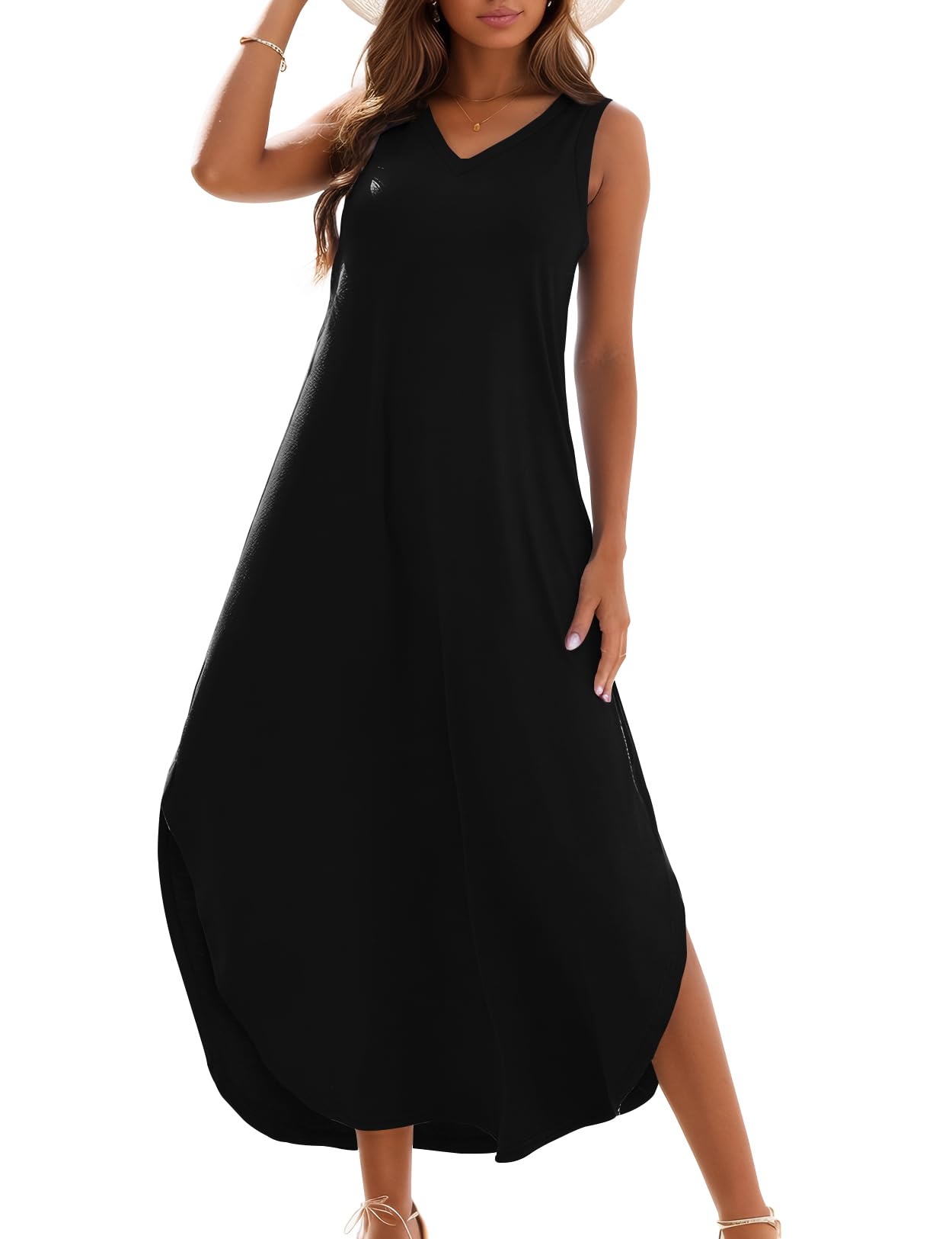 Photo 1 of ****USED****Zilcremo Women's Summer Casual Loose Sundress Long Dress Sleeveless V Neck Split Tshirt Maxi Dresses Black S
