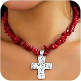 DZSYJKTM Statement Turquoise Silver Hammered Cross Pendant Choker Necklaces for Women, Boho Irregular Red Green Stone Beads Chain Necklace Western Jewelry Gift