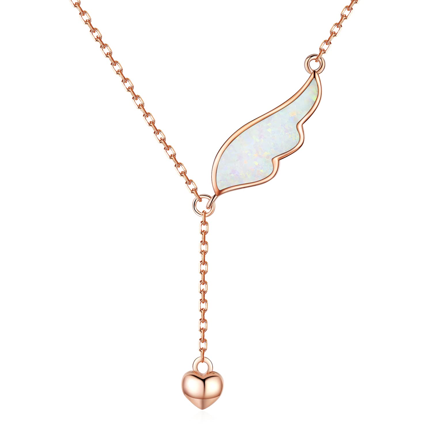 KINGWHYTE Angel Wing Necklace for Women 925 Sterling Silver Opal Necklace Rose Gold Plated Pendant Jewellery Gifts for Mum Her Wife Girlfriend Birthday Mother's Day Valentine's Day