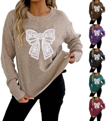 Women's Jumpers Lightweight Oversized Crew Neck Sweaters Butterfly Lace Embroidery Jumper Soft Comfortable Casual Long Sleeve Pullover Sweater for Autumn Winter