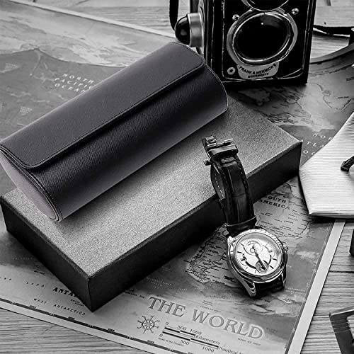 Watch Travel Case Handmade Leather Watch Rolls Box for Man Travel Watch Roll with Velvet to Protection Watch Roll Organizer to Home Secure Storage (3 Slot, Black)