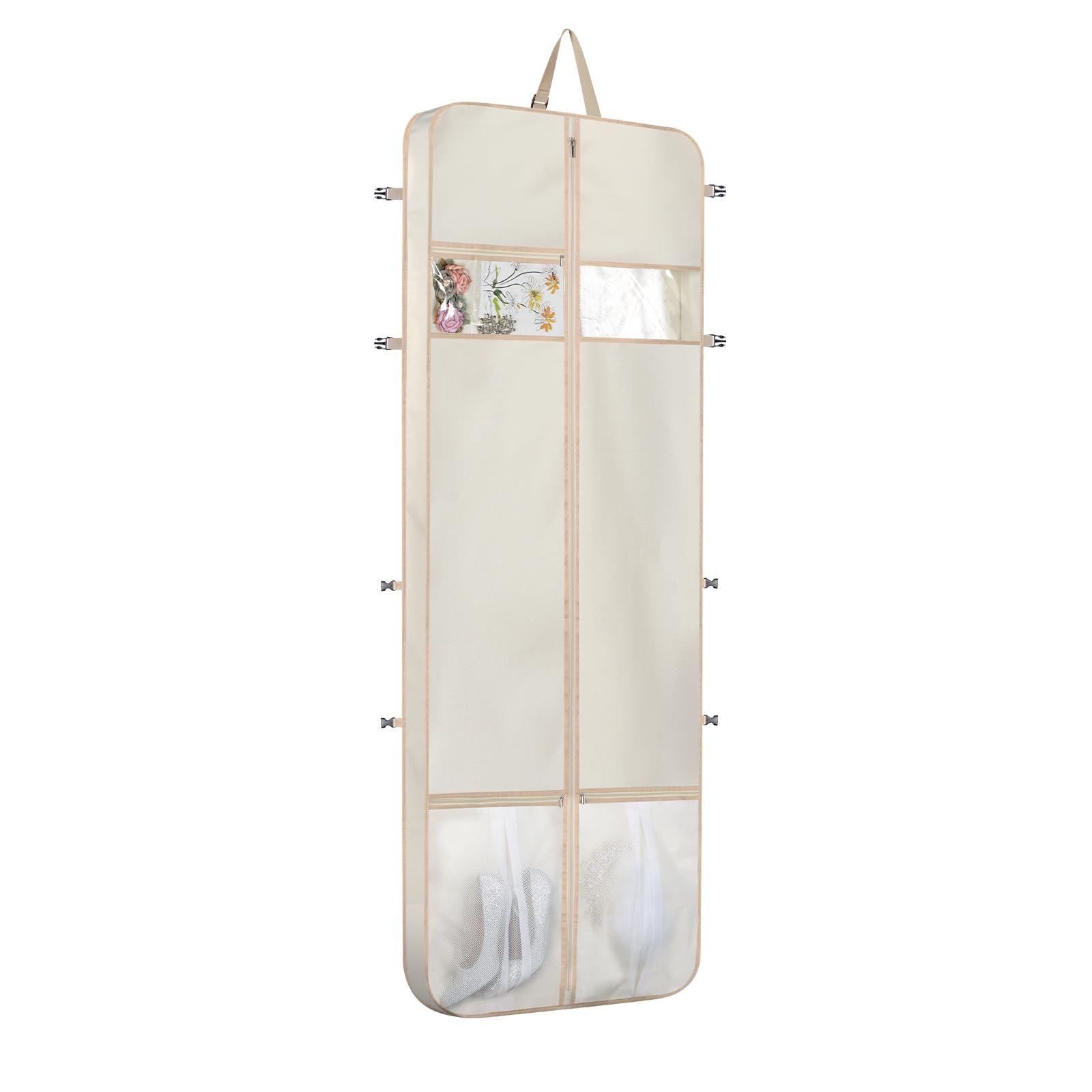 Syeeiex Wedding Dress Bag Long Dress Bag Cover 72 Inch Garment Bag Clothes Cover with 4 Large Pockets and PVC Transparent Window for Wedding and Feast, Beige