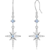 925 Sterling Silver Star/Love Heart Dangle Drop Earrings for Women Blue and Pink Sapphire Hook Earrings with Gemstone Birthday Wedding Jewelry Gift for Mother Daughter Wife