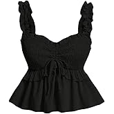 Floerns Women's Tie Front Sleeveless Ruffle Shirt Top Shirred Vacation Cute Peplum Tops