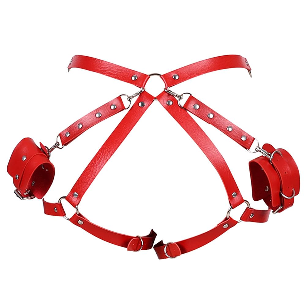 Magicnitz Red Thigh Waist Strap and Wrist Chain Hand Cuffs Harness Bondage Set Body Restraint Leather Strong Sturdy