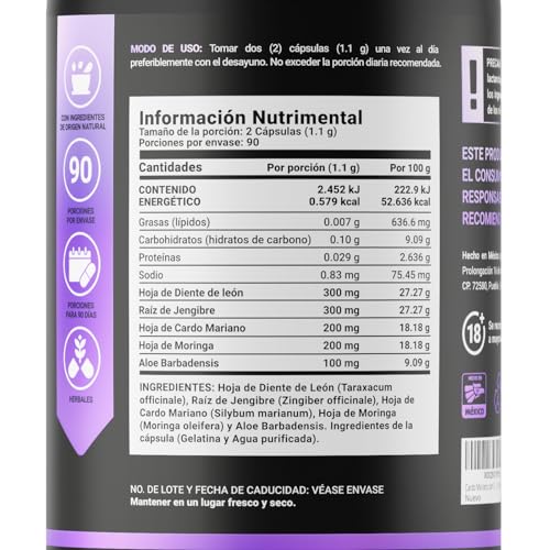 Cardo Mariano 180 cápsulas 1100 mg por porción. Hoja de Diente de León, Raíz de Jengibre y Mezcla Herbal. Ingredientes naturales. Mlk Thistle Blend B Life.