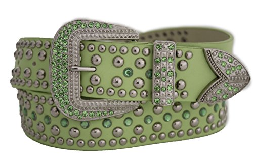 TFJ Women Western Fashion Belt Big Beads Metal Buckle Rhinestones M L Light Green