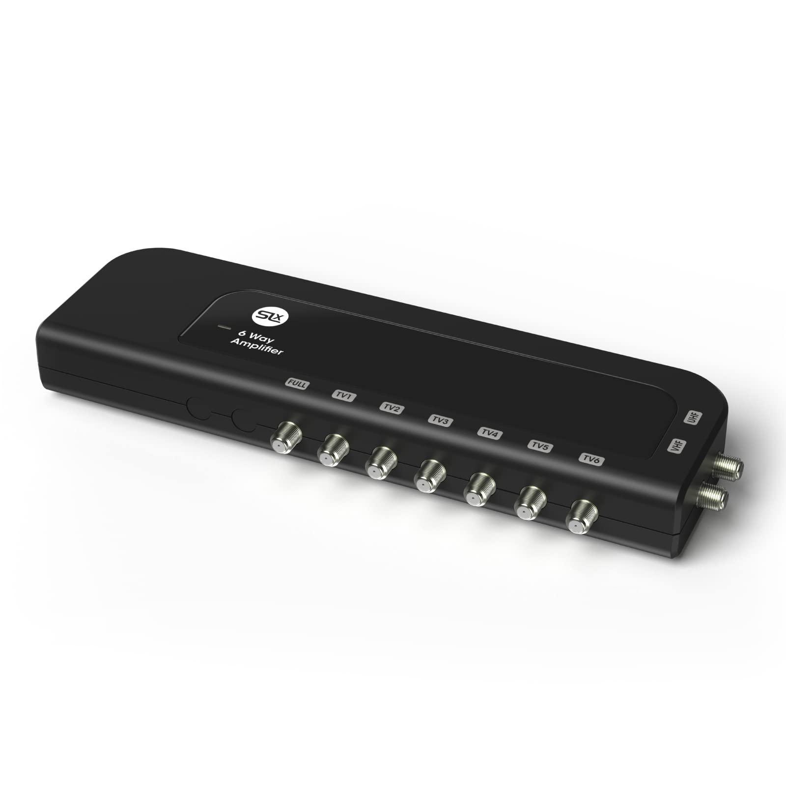 SLx TV Signal Booster Aerial Amplifier, 4 Way Signal Distribution Amplifier with F-Type Connections, 4G & 5G Filtering, Indoor TV Aerial, HD TV/FM/DAB, Auto Line Powering, Improved Energy Efficiency