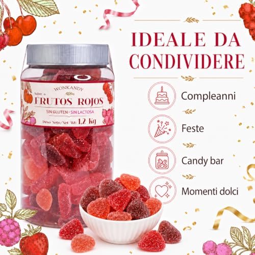 Wonkandy Caramelle Gommose Frutti Rossi 1,2 kg – Fragola, Ciliegia, Uva – Caramelle Morbide Zuccherate – Senza Glutine e Lattosio – Ideali per Feste e Candy Bar