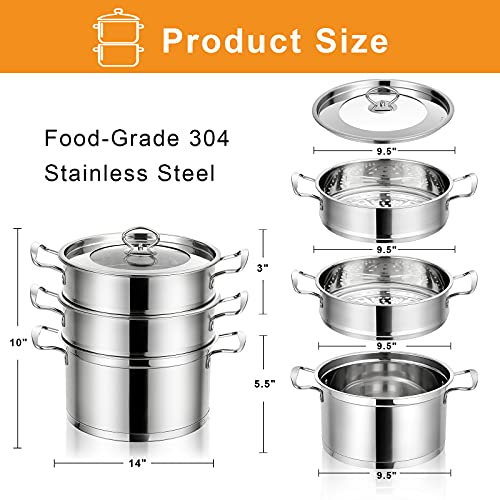 COSTWAY 3Tier Stainless Steel Steamer, 11'' Boiler Pot with Handles on