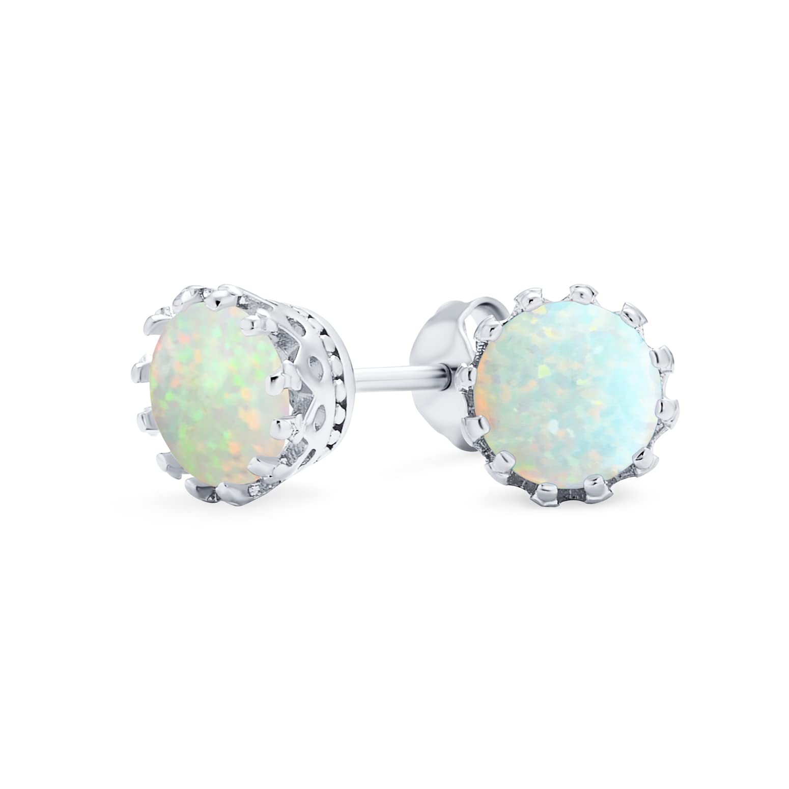 Iridescent Crown Setting Created White Opal Solitaire Crown Stud Earrings .925 Sterling Silver Iridescent 6MM October Birthstone — image 1