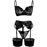 Lilosy Sexy Leaf Floral Embroidered Mesh Sheer Women Underwire Push Up Lingerie Set