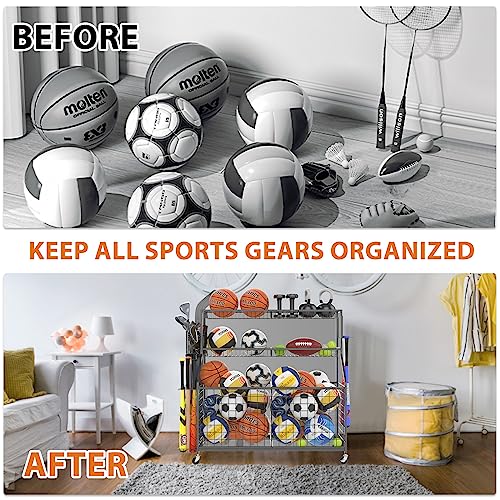 Gadroad Garage Sports Equipment Organizer, Ball Storage Rack, Sports Gear Storage, Garage Ball Storage, Garage Organizer with Baskets and Hooks, Rolling Sports Ball Storage Cart, Black