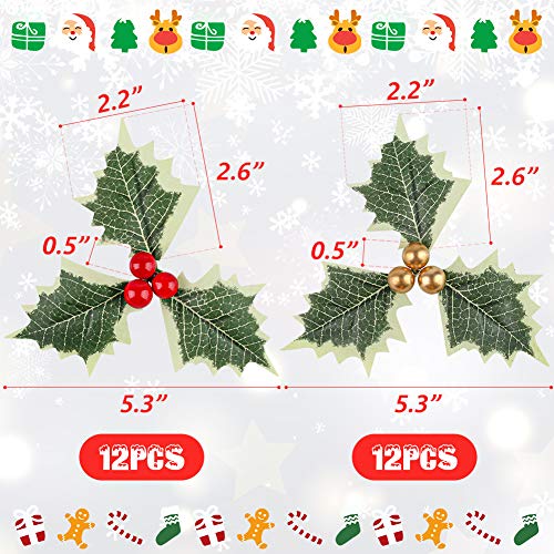 BigOtters Artificial Holly Berries with Green Leaves, 24PCS Gold and Red Holly Berry Flower with Leaves for Christmas Wreath Arrangement Cake Toppers Craft Wedding Party Home Gift Decorations