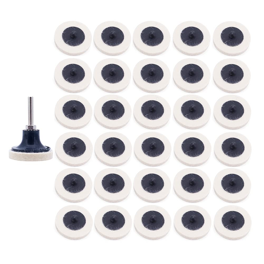 Yuhtech 31 Pcs 2 Inch 50mm Wool Felt Roll Lock Polishing Buffing Pads Wheels Grinding Sanding Wheel with 1/4 Inch Disc Pad Holder for Rotary Tool