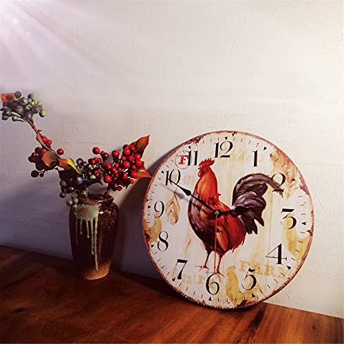10 Inch Vintage Farmhouse Kitchen Wall Clocks Battery Operated Rooster Analog Clock for Dinning Living Room Decor,Thicken Wood Board,Non-Ticking