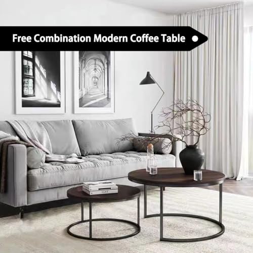 Zucng Nesting Tables Removable Set of 2 End Table, Round Coffee Tables with Gold Metal Frame Legs and Faux Marble Coffee Table Wooden for Living Room, Bedroom, Office, Balcony, Apartment (Brown)
