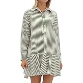 YEXPINE Womens Striped Shirt Mini Dress Long Sleeve Collared Button Up Flowy Ruffle Hem Swing Shift Tunic Dress