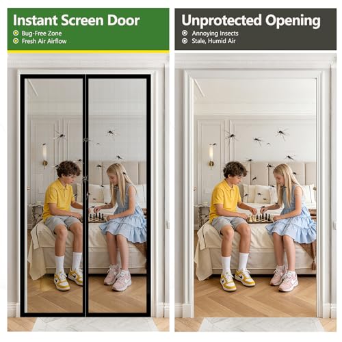 COMYESA Fly Screens for Doors – Durable Door Fly Screen Curtain with Magnetic Fly Screen Door, Hands-Free Auto Closing, No Drill Installation, 90x210cm