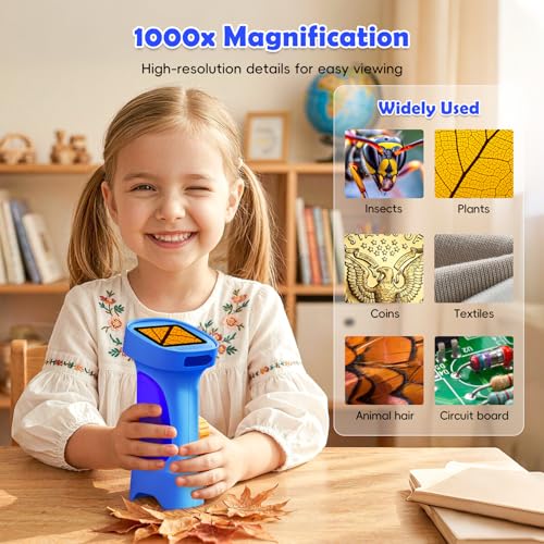 Kids Microscope 1000X, Ahalfcit Handheld Digital Camera with 2.4" HD IPS Screen, Portable Mini Pocket Nature Exploration Toy, STEM Science Learning Gift for 3-12 Year Old Boys and Girls