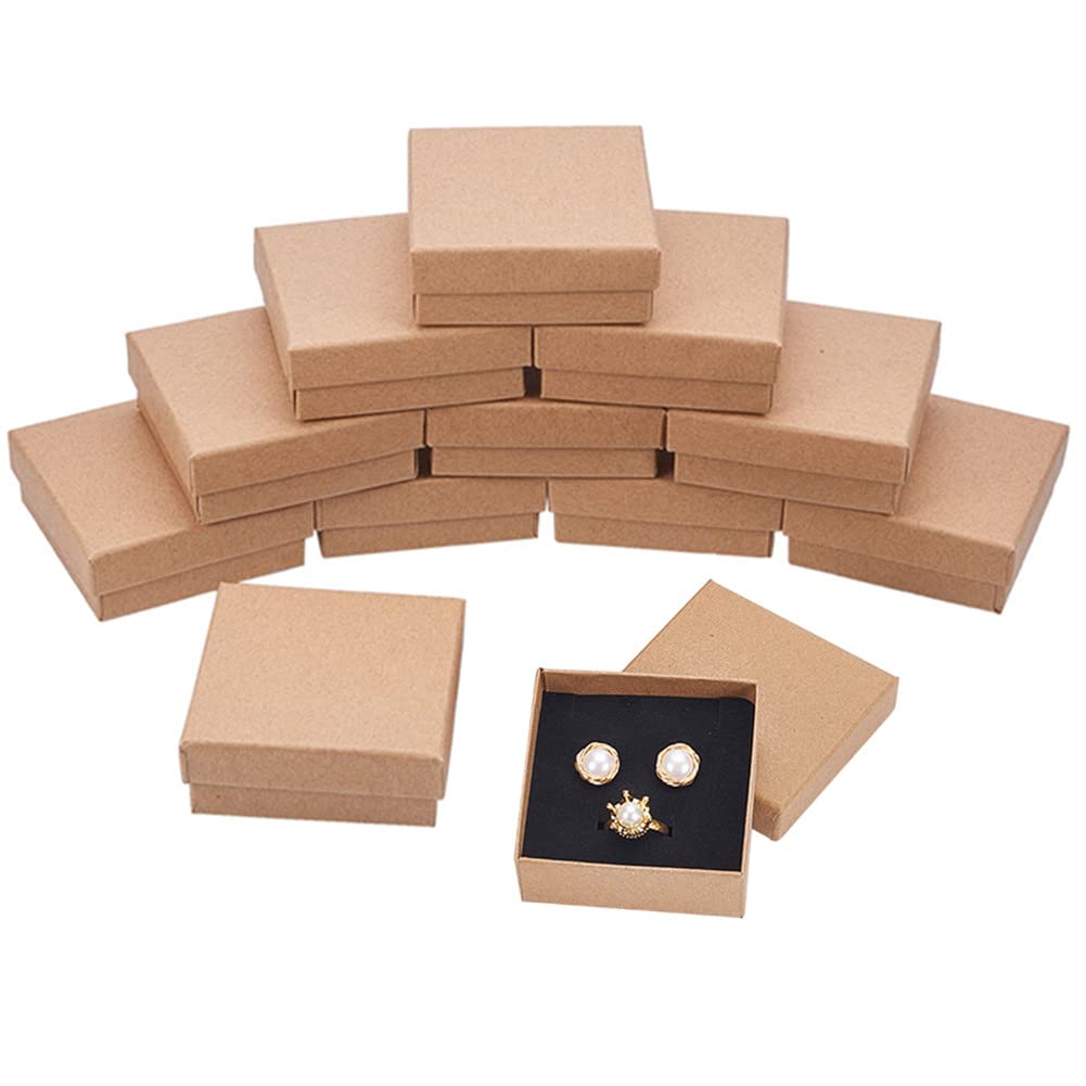 BENECREAT 16 Pack Necklace Ring Box 7x7x3cm Kraft Brown Rectangle Cardboard Jewelry Boxes Small Gift Box for Wedding Party Birthdays
