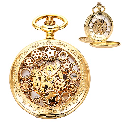ManChDa Pocket Watch for Fathers Day Birthday, Vintage Mechanical Double Cover Watch - Anniversary for Him/Men/Husband | Reindeer (8. Gold Gears)