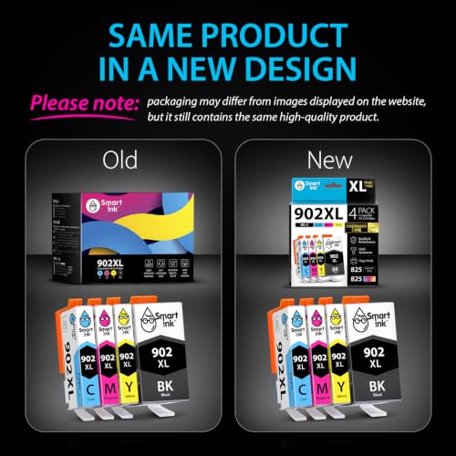 Smart Ink Compatible Ink Cartridge Replacement for HP 902 XL 902XL (4 Combo Pack) to use with Officejet Pro 6978 6968 6974 6975 6960 Officejet 6951 6954 6956 6958 Printers