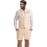 Dsteng Mens Linen Suit 2 Piece Short Suits for Men Casual Summer Beach Wedding Suit Linen Vest Shorts Set