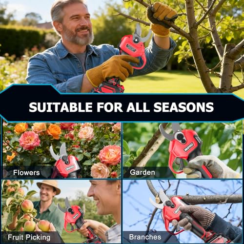 MHPRO Brushless Cordless Pruning Scissors, Electric Pruning Scissors 600W with 2 x 21 V 2000 mAh Batteries, LCD Screen, for Orchards, Landscaping and Professional Gardening, Red